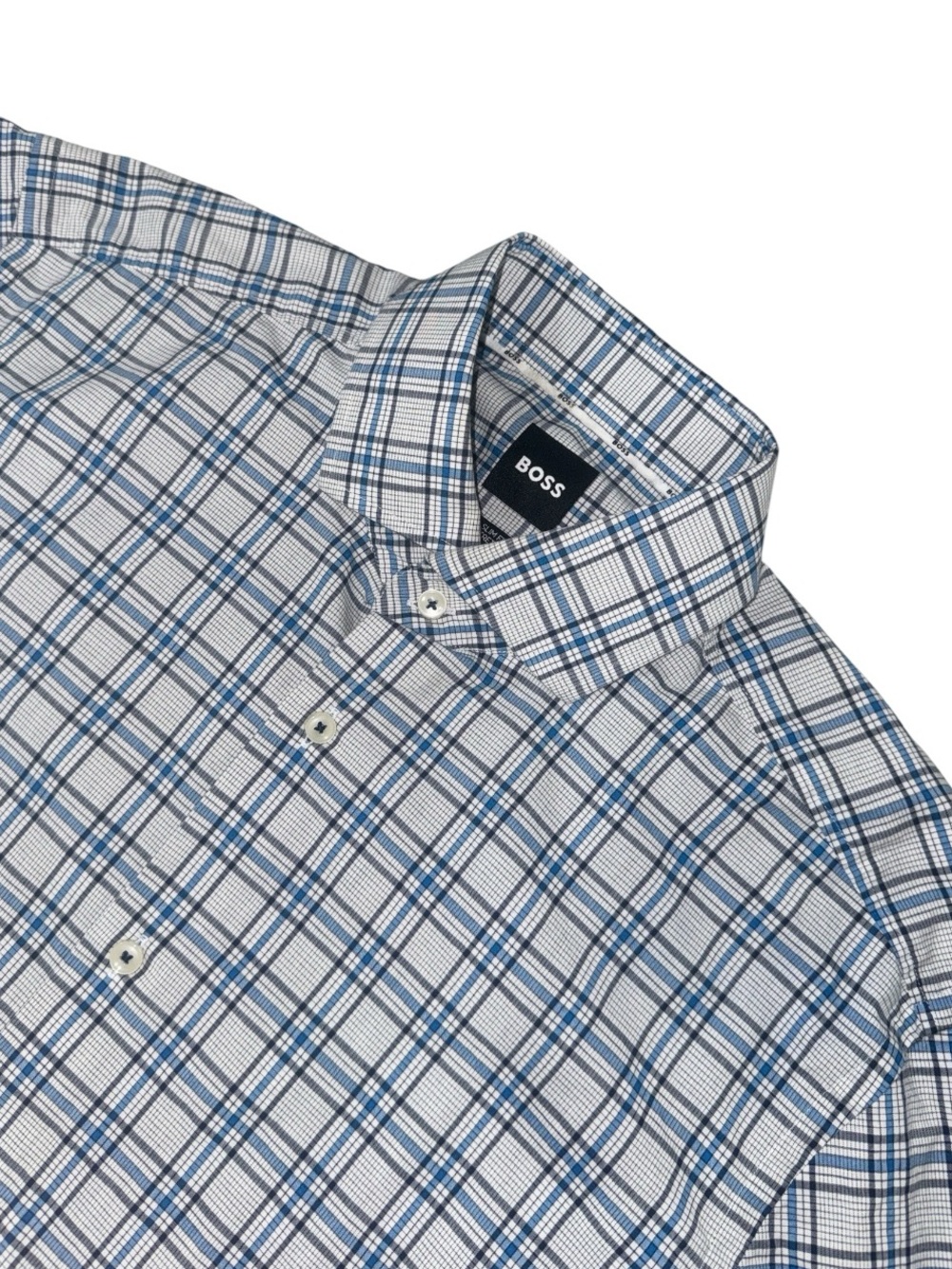 Boss mens 15.5 M 39 slim fit stretch blue plaid cotton blend dress shirt EUC